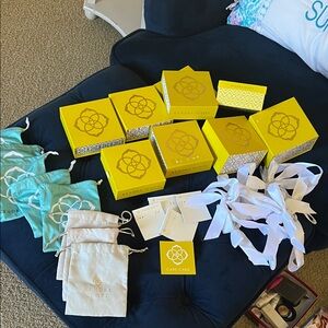 Kendra Scott Yellow Boxes with Turquoise and Cream Bags bows cards